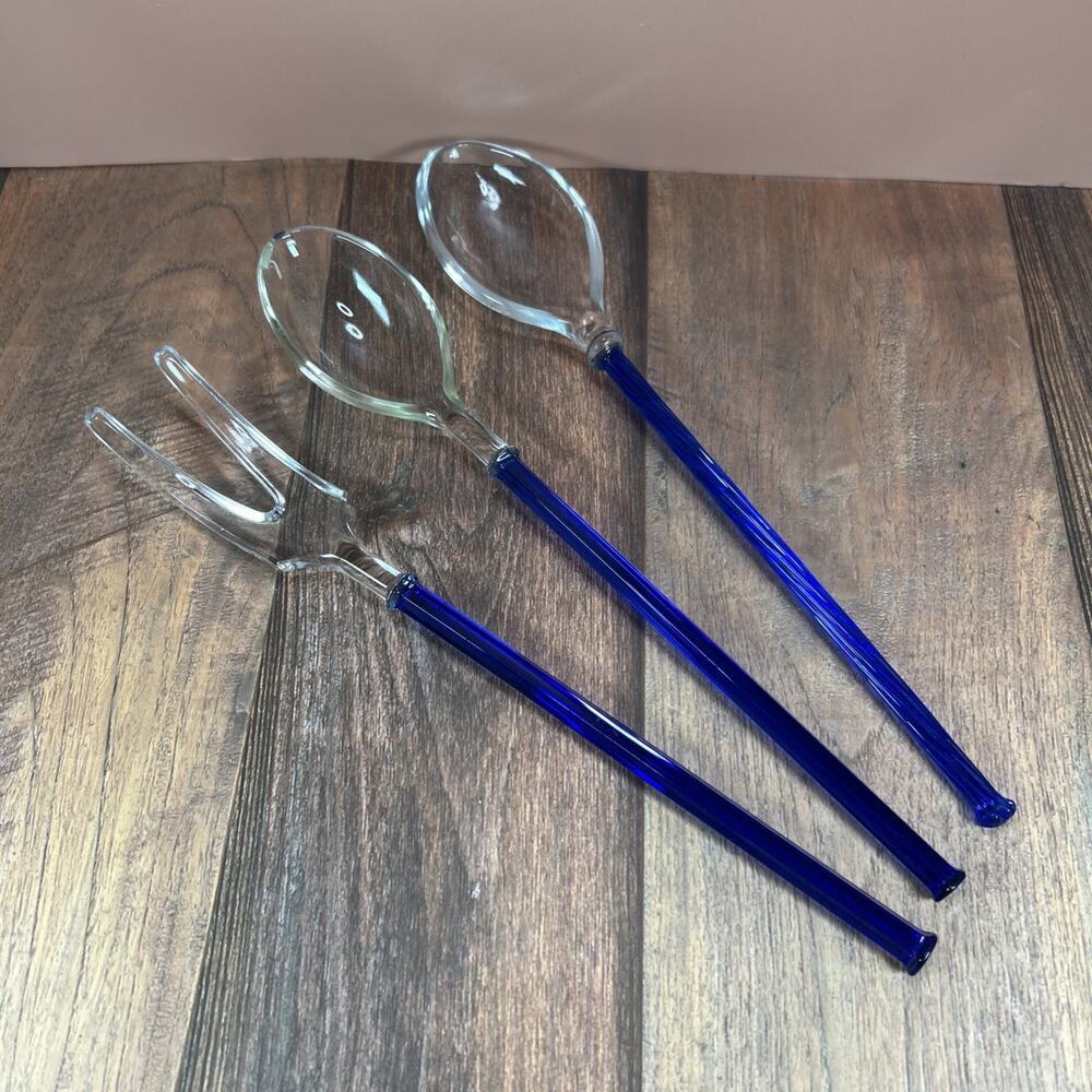 Set of 3 Vintage Czech Sapphire Blue Glass Serving Fork & Spoons 9.75"
